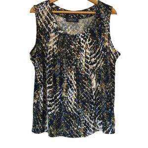 Kasper Women's 1X Sleeveless Pleated Tank Top Abstract Blue‎ Yellow Black